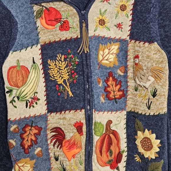 Tiara Vintage Embroidered Fall Patchwork Full Zip Sweater Sz: medium - Picture 2 of 15